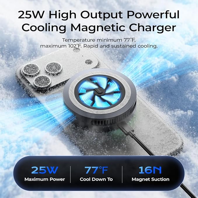 Qi2.2 Wireless Charger【25W Fast Charging+Instant Cooling】 Magnetic Charger Pad with Cooling Fan,LED Light Phone Holder Fast Charging Compatible with iphone17/16/15/14/13/12 Series