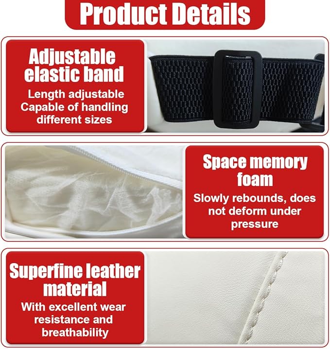 Car Neck Pillow, Memory Foam Ergonomic Auto Headrest Cushion Pillow, Relieve Driving Fatigue Car Neck Support Pillows, Comfortable Leather Vehicle Seat Pillows with Adjustable Strap (White)