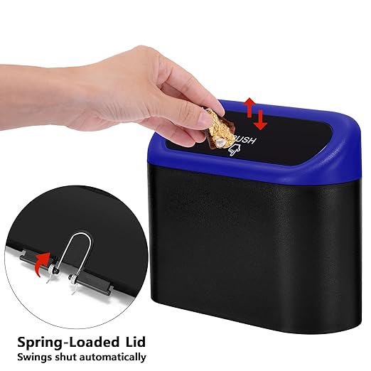 Ginsco 2 Pack Mini Car Trash Can with Lid, Small Car Garbage Can, Cute Leakproof ABS Car Trash Bin, Car Accessories for Interior, Garbage Bin for Car, Home, Office with 120pcs Trash Bags Black/Blue