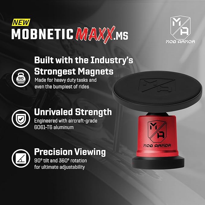 Mob Armor MobNetic Maxx MS - MagSafe Compatible Car Phone Mount w/ 90º Tilt, 360º Rotation & Durable Aluminum Build, Magnetic Holder for iPhone & Android Devices, USA Assembled - Red