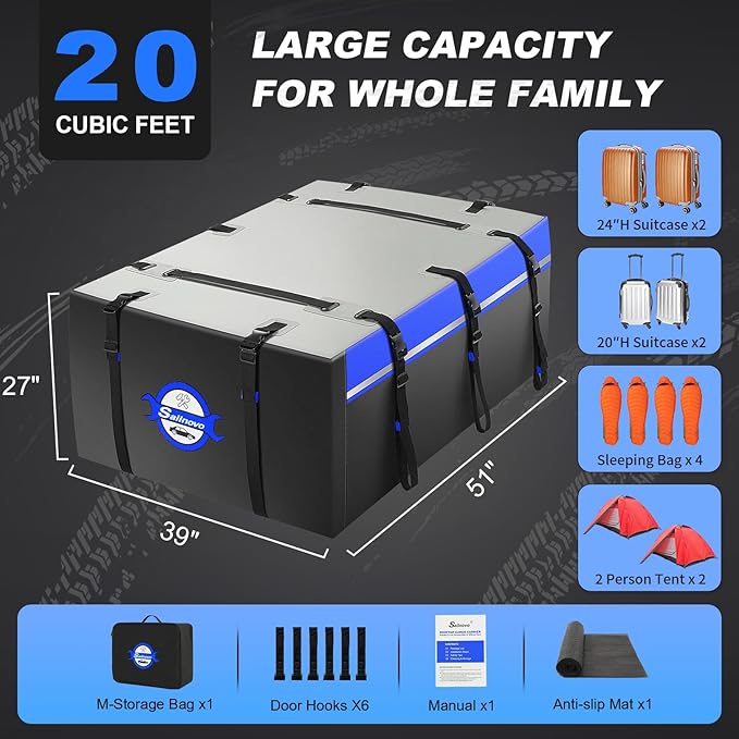 Sailnovo Rooftop Cargo Carrier PVC 20 Cubic Waterproof Rooftop Car Storage Bag with Anti-Slip Mat, 6 Door Hooks Soft-Shell Car Top Carrier for Vehicle