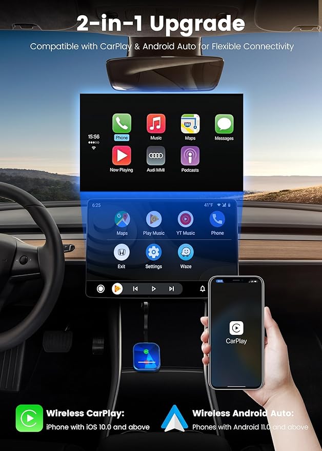 2 in 1 Carplay Wireless Adapter, Converts Wired to Wireless Carplay Adapter for iPhone/Android Auto Wireless Adapter, Near-Zero Latency, Plug and Play for Cars from 2017,Compatible iOS 10+/Android 11+
