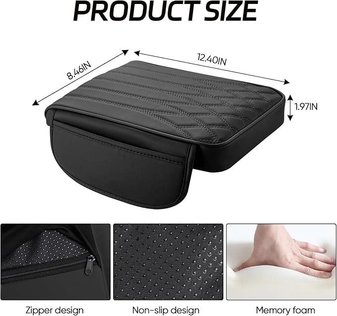 wuyaoyao Car Center Console Cover, Leather Car Armrest Box Cover, 12.40"×8.46"×1.97" Arm Rest Pad with Pockets, Soft Auto Armrest Storage Box Protector, Universal Interior Car Accessories (Black)