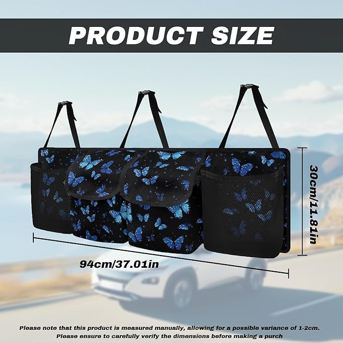 Blue Butterfly Car Trunk Organizer Small SUV Trunk Organizers and Storage with 4 Pockets, Butterfly Car Accessories for Women Car Organization, Leave Room for Buying and Shopping