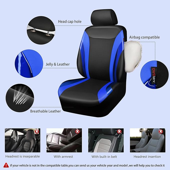 CAR PASS Jelly Leather Car Seat Covers Full Set,Waterproof Faux Leather Automotive Seat Covers for Cars,Airbag Compatible,Sporty Universal Fit for SUV,Van,Sedan,Truck(Black and Blue)