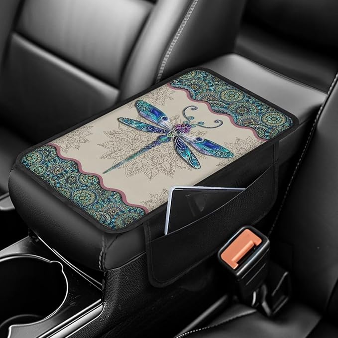 Boho Mandala Floral Dragonfly Pattern Center Console Covers for Cars Anti-Slip Car Armrest Cover Cushion Stretchy Auto Armrest Storage Box Mat Auto Center Console Cover Pad