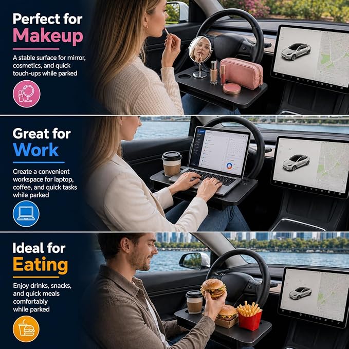 Car Seat Gap Organizer with Steering Wheel Tray, 2-in-1 Anti-Drop Storage Filler for Sedans, Compact Car Tray for Food, Laptop, Coffee and Daily Essentials