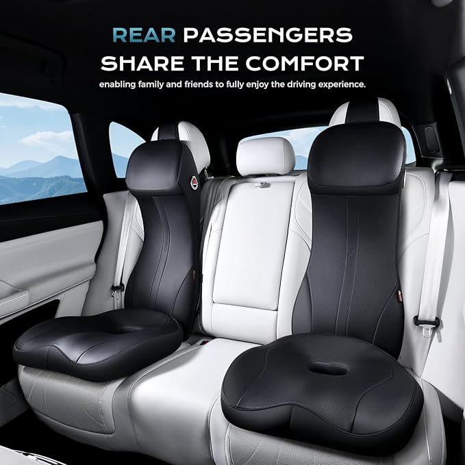 Coverado Car Seat Cushion and Lumbar Support Headrest Pillow One Piece, Ergonomic Memory Foam Car Neck Pillow & Back Support, Soft Leather Breathable Driving Seat Cushion Sciatica Pain Relief, Black