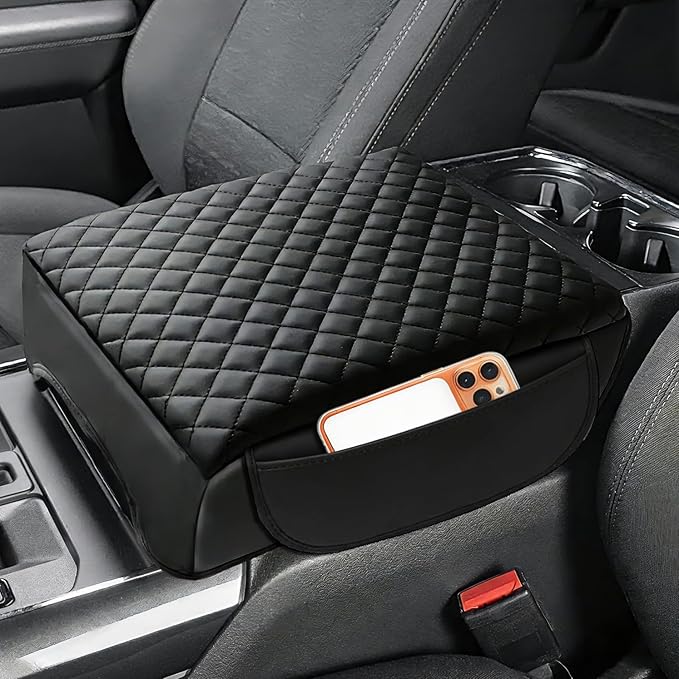 Center Console Cover Fit For Ford F-150 2025-2021 Armrest Cushion Cover 1-In Thickened Fully Coverage Center Console Lid Protector Pad Wtih Side Pocket PU Leather Anti-Scratch (Bucket Seat Only)