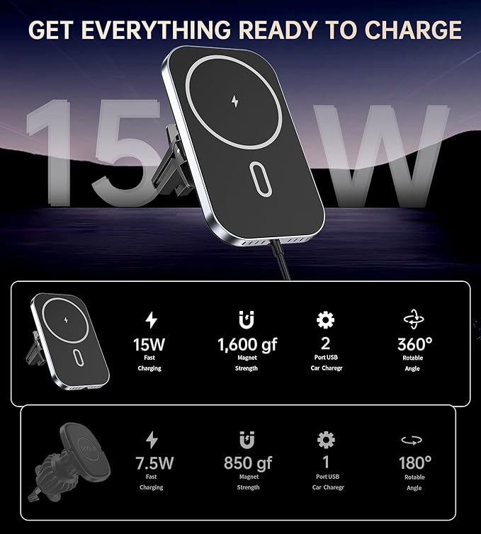 Mukiya for MagSafe Car Mount Charger with Adapter, 360° Rotation Magnetic Wireless iPhone Car Charger for Air Vent, Compatible with iPhone 17/16/15/14/13/12 Series, Gifts for Husband/Men