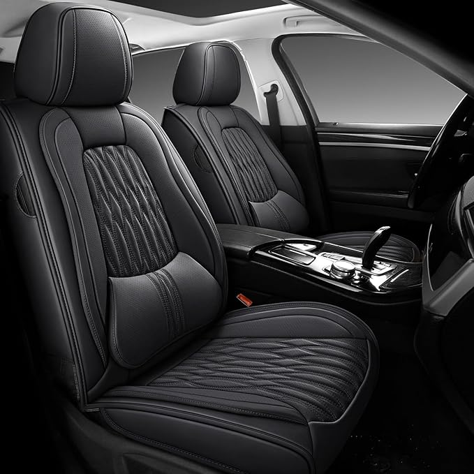 WELLDO Car Seat Covers Full Set, Leather Seat Covers for Car, Waterproof Car Seat Protector with Lumbar Support, Automotive Seat Covers Universal Fit for Most Cars SUV Truck(Black-w02)