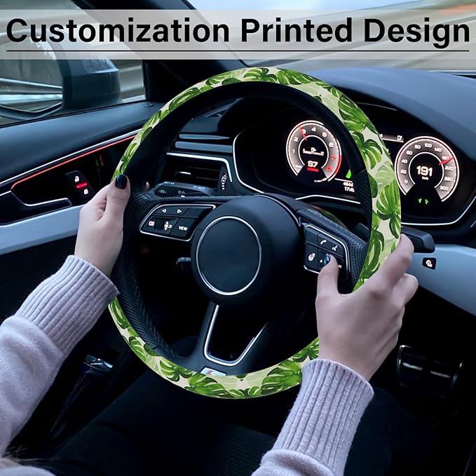 Green Palm Leaves Steering Wheel Cover, Cute Print Steering Wheel Cover Protector, Ultra Thin Breathable Non-Slip, Car Accessories for Women, for Steering Wheel with a Diameter of 14.5"-15"