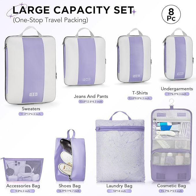 8 Set Compression Packing Cubes for Travel Essentials,Compressible Expandable Packing Cubes for Suitcase,OlarHike Luggage Organizer Bags for Travel,Handy Helper for Organizing Clothes(Purple Gray)