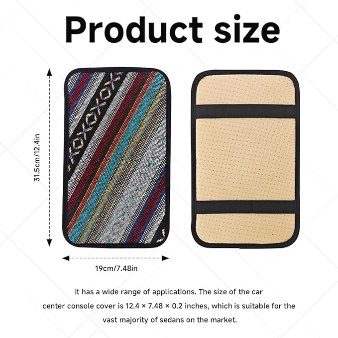 Bohemian Universal Armrest Cover Pad, Car Center Console Cushion, Boho Ethnic Style Auto Armrest Decorative Pad with Elastic Straps, Car Arm Rest Cover Protector for Vehicles (Armrest Cover-A)