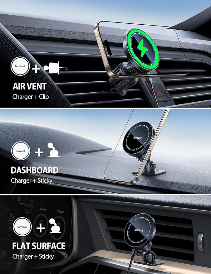Lamicall 15W for MagSafe Car Mount Charger - [20X Strong Magnets] Wireless Car Phone Holder Charger, Magnetic Phone Holders for Car Vent Dash Accessories for iPhone 17 Pro Max Black Mothers Day