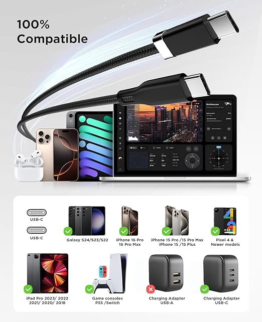 Magtame 2 Pack USB C to USB C Cable 5FT, StayCable with Magnetic Metal Plate Holder, 60W Fast Charging Braid Type-C Charger Cord, Cable Management for iPhone 17/16/15, Laptop, Car, Bedside