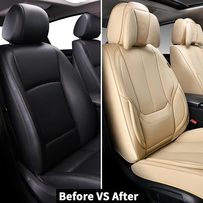 Coverado Universal Seat Covers Front, 2-Pack Universal Seat Covers for Cars, Waterproof Nappa Leather Car Seat Covers with Head Pillow, Auto Protectors Fit for Most Sedans SUV Pick-up Truck-Beige