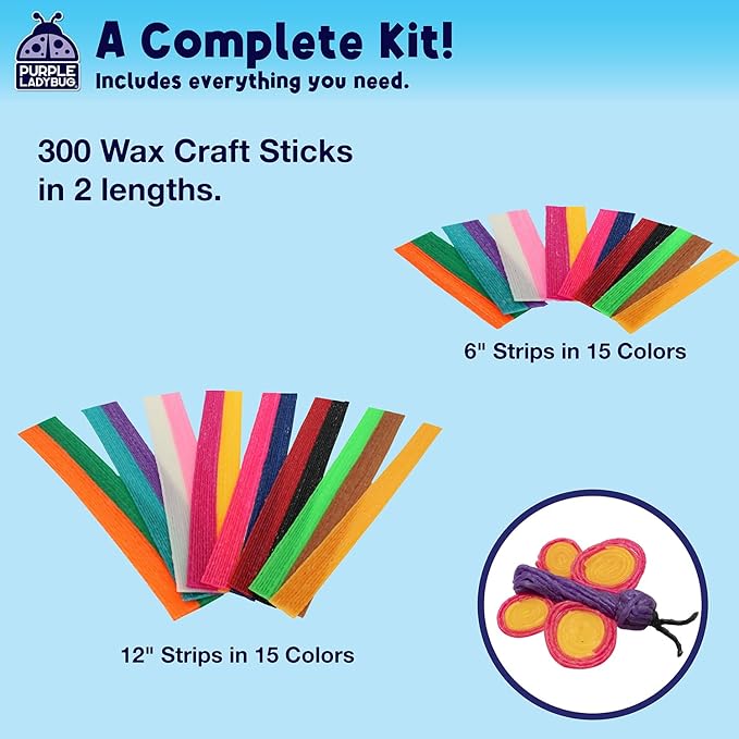 PURPLE LADYBUG 300 PCS Bendable Wax Craft Sticks, Imagination Sticks for Kids, Road Trip Essentials, Travel Toys for Toddlers in Car, Airplane Activities for Kids Ages 4-8, Camping & Summer Essentials