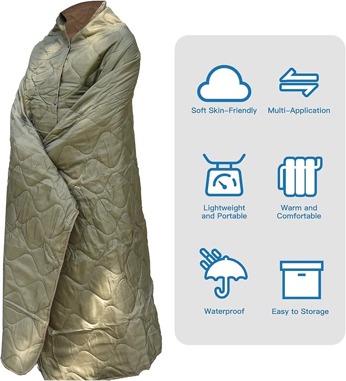 Military Poncho Liner 55”x 79” Camping Blanket Compact Waterproof for Travel Stadium Outdoor Camping