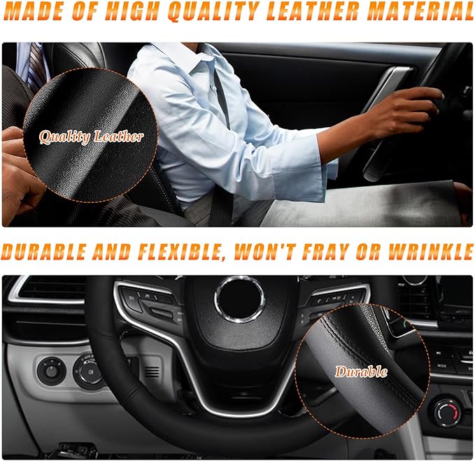 Ziciner Steering Wheel Cover, Soft Leather Premium Durable Elastic Auto Wheel Cover Protector, Stretch Breathable Anti-Slip Lining, Universal 14.5-15 inch Car Interior Accessories (Black)
