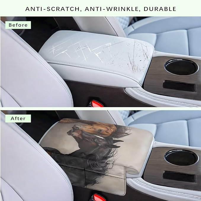 Wanyint Brown Black Horse Car Center Console Pad Soft Non-Slip Armrest Cover Lid Anti-Scratch Car Side Storage Box Pad with 4 Storage Bags Car Decoration Accessories for Women Men