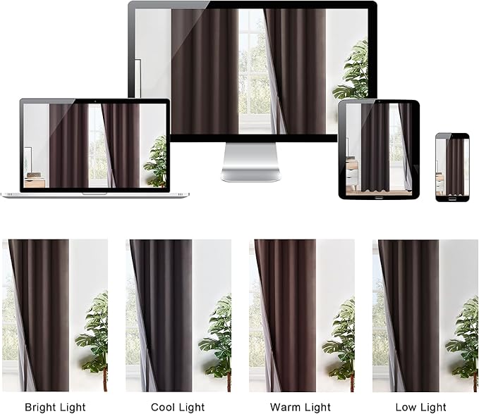 XWZO 100% Blackout Curtains 63 Inches Long with Tiebacks- Heat Blocking Energy Efficiency Window Draperies Grommet Top with Black Liner for Bedroom/Living Room, Brown, W60 x L63, Set of 2
