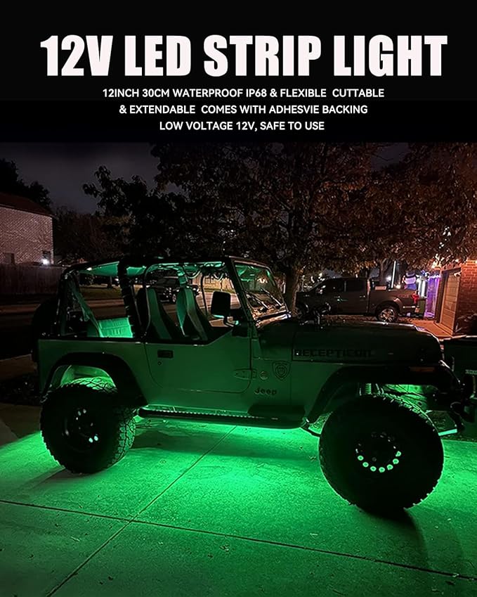 Car Led Strip Lights Connectable 12v led Light Strip 12" Green LEDs Light Strips for Cars Motorcycle Golf Cart Interior & Exterior Boat Marine Waterproof Led Strip 12V, 4Pack