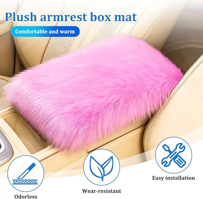 Car Center Console Cover, Fluffy Soft Vehicle Middle Console Arm Rest Cushion Pad, Furry Automotive Interior Armrest Seat Box Protector Decoration Accessories, Universal Fit (Dark Pink)