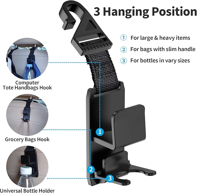 KOOPAO Car Seat Headrest Hook, 4 Pack Universal Car Storage Headrest Hanger Holder Hooks, Vehicle Strong and Durable Backseat Hanger for Handbag Purse Coat and Grocery Bag