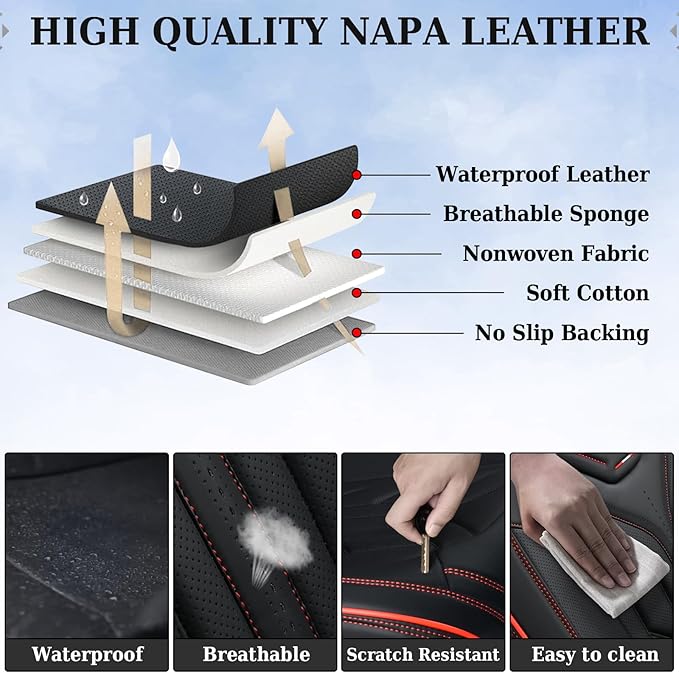 Coverado Front Car Seat Covers, 2Pcs Leather Seat Covers for Cars, Car Seat Protector Front Seats Only Auto Car Accessories Fit for Most Sedans SUV Pick-up Truck(Black&Red)