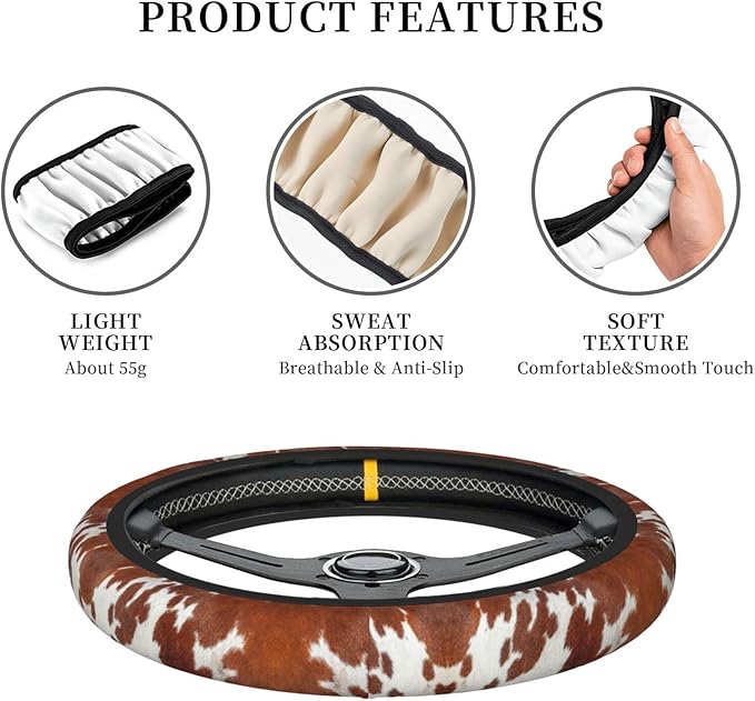 Brown Cow Print Auto Car Steering Wheel Cover Universal 15 Inch Neoprene Interior Decor Protection Accessories