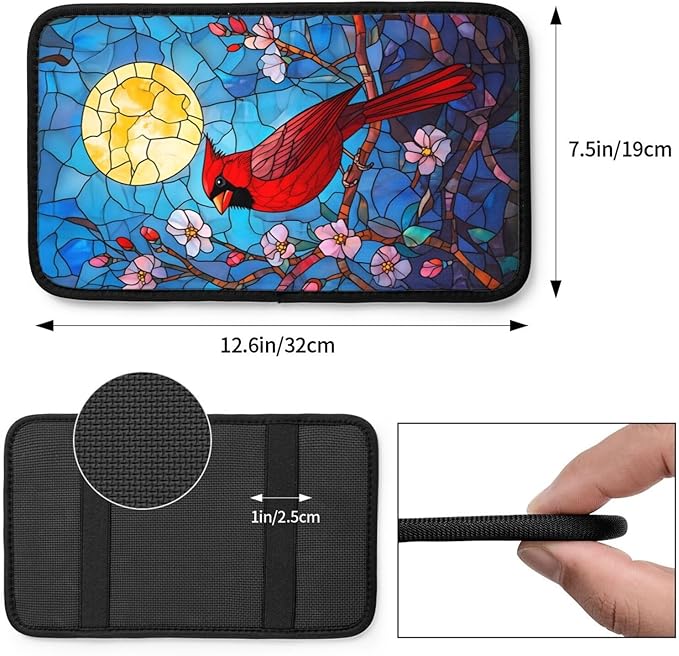 Universal Car Center Console Cushion Pad, Stained Glass Red Sparrow Soft Waterproof Car Center Console Cover Auto Armrest Seat Box Cover Protector for Most Vehicle SUV Truck Car