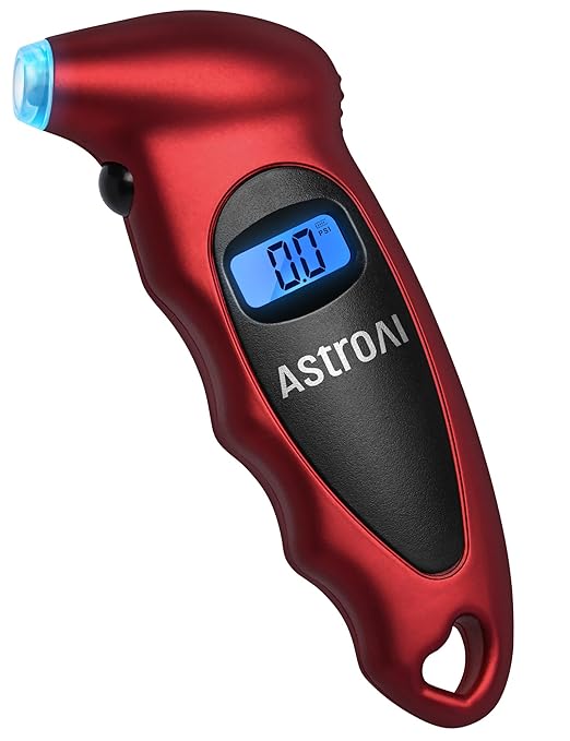 AstroAI Digital Tire Pressure Gauge 0-150PSI Calibrated to ANSI B40.7 +/-1PSI, Accurate in 0.1 Increments, Tire Repair Tools 4 Pressure Measurements for Car Truck with Backlight LCD, Red