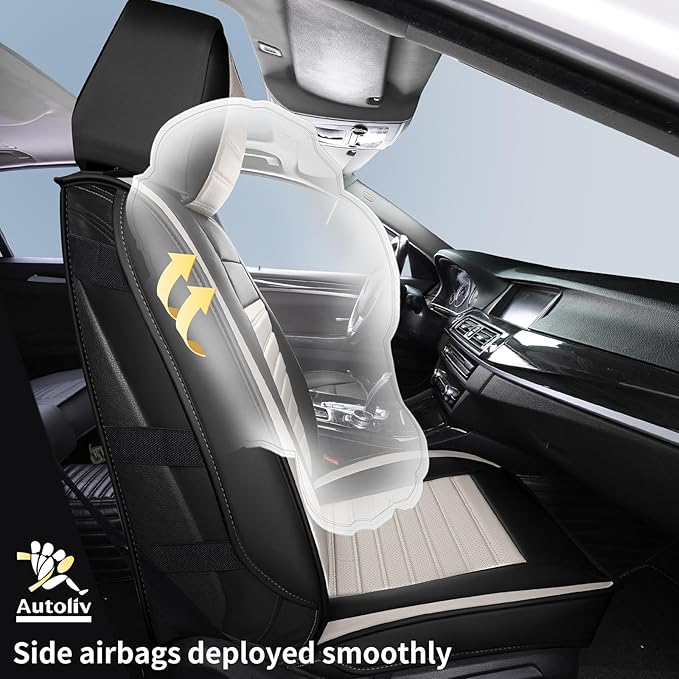 Car Seat Covers Full Set, Breathable Nappa Leather Seat Covers, Horizontal Stripes Automotive Seat Covers, Universal Seat Cushions for Sedan SUV Truck (5 PCS Full Set, Black + Cream)
