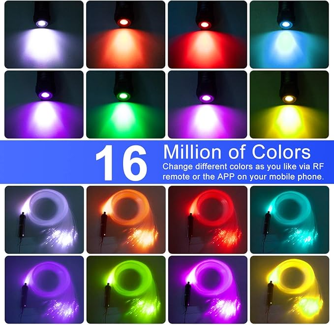 AZIMOM Car Use 6W RGBW 150pcs 0.03in 6.5ft Fiber Optic Lights Starlight Ceiling Light Kit End Glow Optic Cable Music Mode APP Remote Sensory Lighting Indoor Home Headliner Decoration