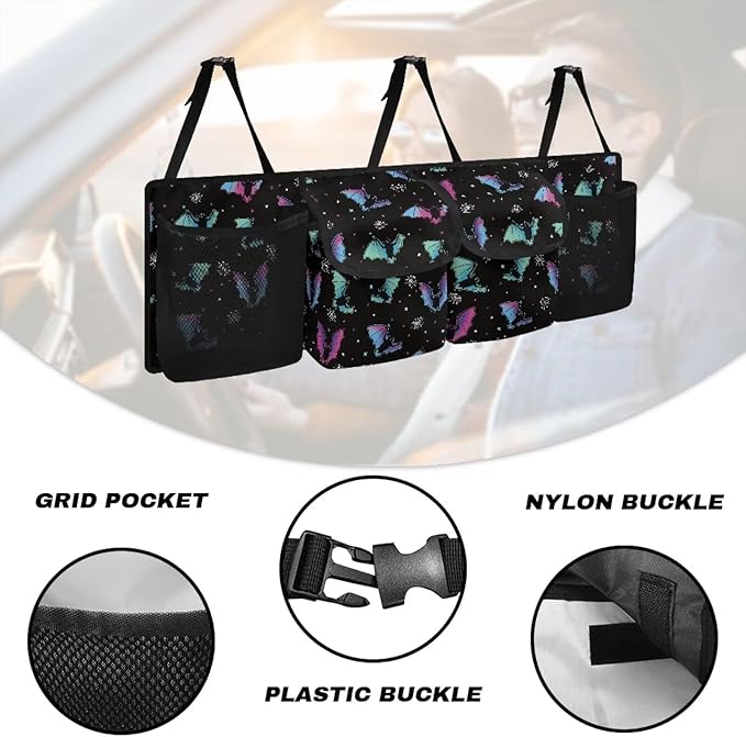 Halloween Colorful Bats Car Trunk Organizer with 4 Pockets Hanging Car Backseat Storage Bag Multipurpose Car Interior Accessories for SUV Pickup Truck Van