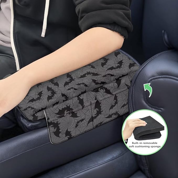 Tupalatus Spider Web Car Armrest Cover Bats Car Interior Protection Accessories Center Console Cushion Pad with Pockets Easy to Install Compatible with Most Cars,SUV,Truck,Van