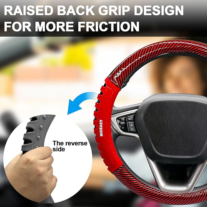 Sport Style Red PU Leather Steering Wheel Cover with Red Sport Grip Anti-Slip Breathable Steering Wheel Accessory Universal Fit 14.75-15 inch