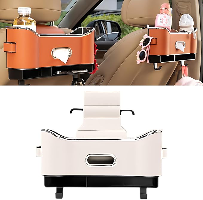 Multifunctional Car Seat Back Storage Box, Universal Car Seat Organizer, Car Seat Tissue Box and Organizer, Car Seat Paper Towel Organizer， Car Organizer with 2 Drink Cup Holders (White)