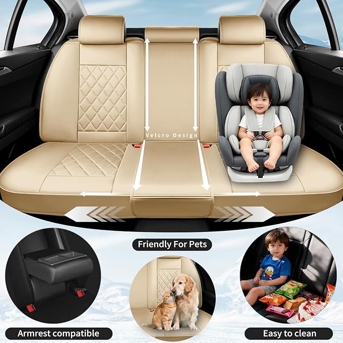 Fit Tucson Car Seat Covers Compatible with Hyundai Tucson 2010-2026, Premium Leather Breathable, Wear Resistant, Airbag Compatible, All-Weather Protection & Full Coverage, 2 Front Seat Beige