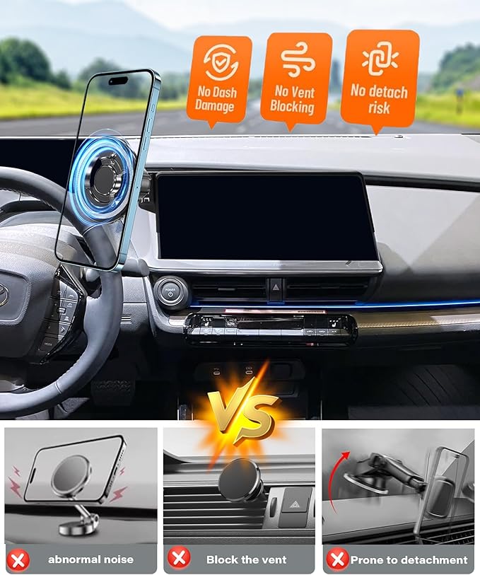 Magnetic Car Phone Mount for Toyota Prius 2023-2026 Accessories, for MagSafe Strong Magnets Cell Phone Holder 12.3-Inch Touch Screen Cradles, with Portable Phone Gripper 360° Rotation