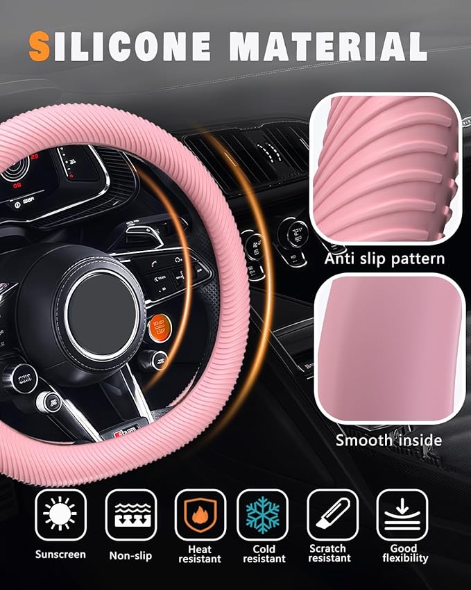 WOCOCN Car Steering Wheel Cover, Thin Anti-Skid Silicone Steering Wheel Cover for Men & Women, Universal Automotive Interior Accessories for Most Cars (Pink)