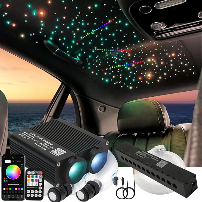 AZIMOM Dual Color 32W Fiber Optic Starlight Headliner Kits1300pcs 0.03in 13.1ft, RGB Meteor Shooting Star, Sound Activated Remote APP Control Home Car Ceiling Décor