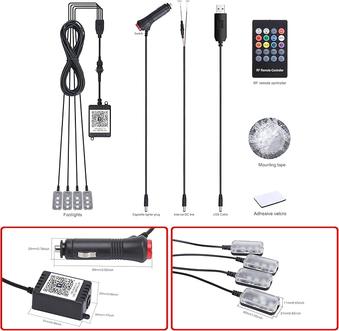 Car Ambient Lighting Kit Bluetooth App Control + RF Remote Control 64 Colors Multicoloured Music Interior Footwell Lighting Kit 12V