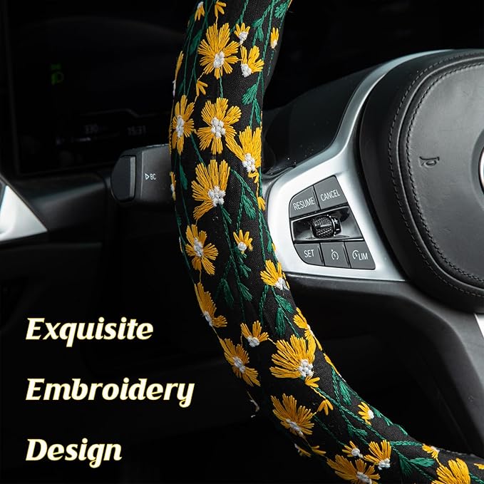 Embroidered Flowers Cute Yellow Daisy Steering Wheel Cover Auto Anti-Slip Breathable Rubber Steering Wheel Protector,Floral Car Accessories for Women,Universal Size Fit Most Cars -15 inch