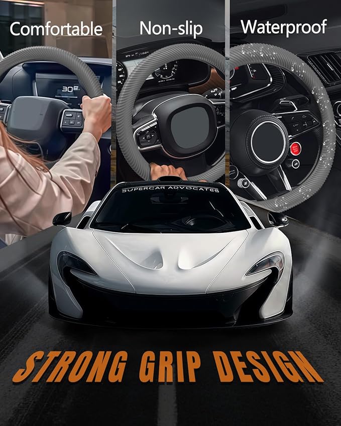 WOCOCN Car Steering Wheel Cover, Thin Anti-Skid Silicone Steering Wheel Cover for Men & Women, Universal Automotive Interior Accessories for Most Cars (Grey)