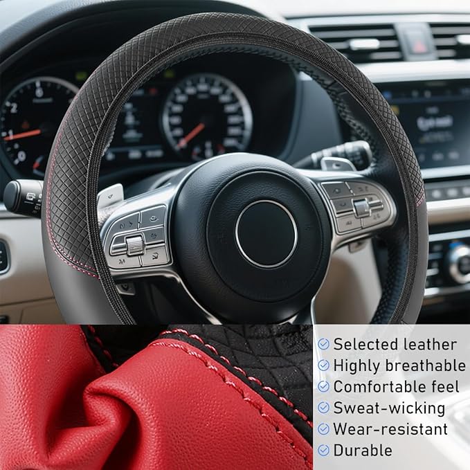Car Steering Wheel Cover, Elastic Stretch Leather Non-Slip Vehicle Steering Wheel Guard, Automotive Interior Protective Decor Accessories, Universal for SUV RV Truck (Black)