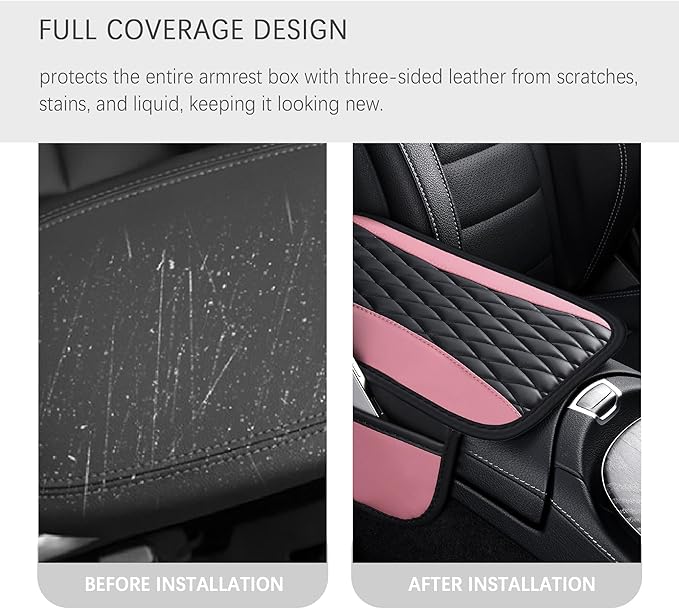 IHOTDER Patchwork Leather Center Console Covers for Cars,Upgraded Arm Rest Cover for Car with Side Storage Pocket for Car Seat Organizer,Middle Console Cover Stylish Car Decoration (Pink)