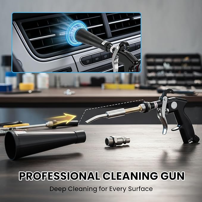 SakerPlus Dry Cleaning Gun, Air-Powered Car Interior Cleaning Tool with Vortex Airflow, Air Compressor Gun for Seats, Carpets, Floor Mats, Vents and Auto Detailing (2 Set Nozzle)