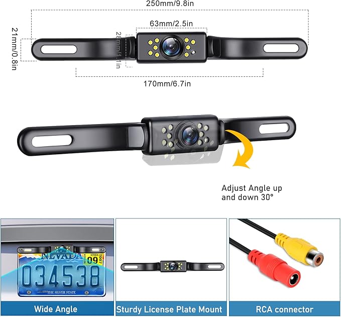 GLK Backup Camera, AHD 1080P Rear View License Plate Camera, Night Vision Reverse Camera with 9 LEDs, Wide Angle IP69K Waterproof Rear Camera for 12-24V Car Vehicle SUV RV
